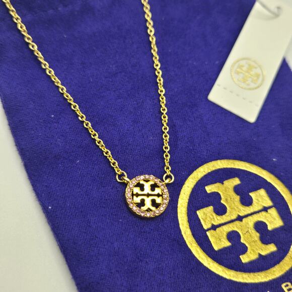 NEW Tory Burch Miller Pave Logo Delicate Necklace Gold Pink Crystal 18K Gold - Picture 1 of 7